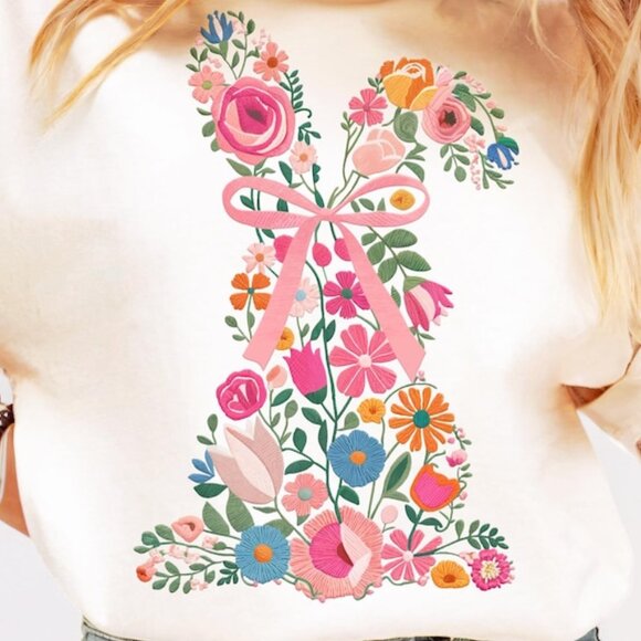Cute Bunny Shirt Watercolor Rabbits Floral Heart Tee - Picture 2 of 4